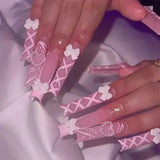 Taooba 24Pcs Pink False Nails Long Coffin Fake Nails Star with French Designs Wearable Ballet Press on Nails Full Cover Nail Tips Art