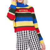 90s streetwear Autumn and Winter Ins Women's Knitwear Rainbow Striped Letter Embroidered Turtleneck Loose Casual Pullover Sweater for Women