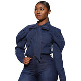 business casual outfits  Women's Casual Lantern Sleeves, Straps, Metal Buckle Denim Top