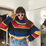 90s streetwear Autumn and Winter Ins Women's Knitwear Rainbow Striped Letter Embroidered Turtleneck Loose Casual Pullover Sweater for Women