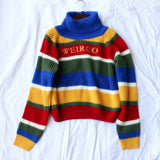 90s streetwear Autumn and Winter Ins Women's Knitwear Rainbow Striped Letter Embroidered Turtleneck Loose Casual Pullover Sweater for Women