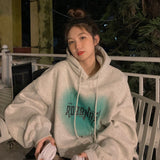 Taooba Christmas Gift outfit  Women's Grey Fashion Letter Printing Baggy Pullover Pocket Fleece Thicken Sweatshirt Lazy Casual Raglan Sleeves Hoodie Winter