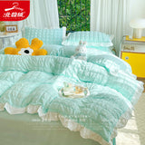 Taooba Luxury Seersucker Washed Cotton Bedding Set INS Girls Princess Bedding Set with Lace Solid color Bedclothes Sheets Pillowcase