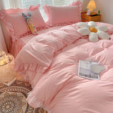 Taooba-Yickyue New Korean Princess Style Bedding Set For Girls Solid Color Exquisite Ruffle Lace Pink Bed Skirt Duvet Cover Queen Pillow Case