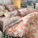 Taooba-Lovely Princess Flower Print Ruffles Bedding Set 100% Cotton Cute Girls Duvet Cover Set with Bed Sheet Kawaii Bedding Sets Soft