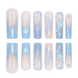 Taooba 24 Piece Long Coffin Blue French&flower Pattern Fake Nails ABS Full Cover Glossy Fake Nails Summer Collection