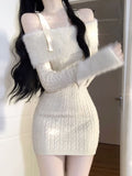 Taooba  party look inspos Sexy Knitted New One Piece Dress Women Off Shoulder Sweet Vintage Y2k Mini Dress Female Korean Fashion Chic Sweater Dresses 2024