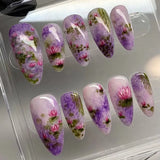 Taooba 24Pcs Press on Nails Almond False Nails 3D Curves Acrylic Pink Green Flowers Fake Nails with Charms Wearable Artificial Nails