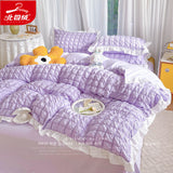 Taooba Luxury Seersucker Washed Cotton Bedding Set INS Girls Princess Bedding Set with Lace Solid color Bedclothes Sheets Pillowcase