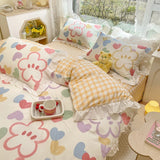 Taooba-Lovely Princess Flower Print Ruffles Bedding Set 100% Cotton Cute Girls Duvet Cover Set with Bed Sheet Kawaii Bedding Sets Soft