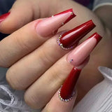 Taooba Christmas Nail  24Pcs Red Heart False Nails Long Luxury with French Design Rhinestone Wearable Fake Nail Simple Decoration Press on Nail Tips