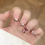 Taooba Christmas nail 24Pcs Mid Long Pink Leopard Fake Nails with Bow Design Press on Nails Square Wearable French False Nail Full Cover Manicure Tips