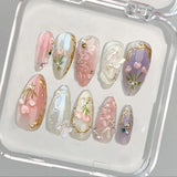 Taooba 10PCS Handmade Spring/Summer press on nails Ballet Ribbon Blush Bloody Plaid Diamond Adam Mitchel Lambert Stick ons