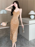 Taooba  party look inspos Autumn Women V-Neck Sequins Party Dress New Elegant Sleeveless Package Hip Spaghetti Strap Long Dresses Chic Vestidos Largos