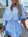 Taooba- Striped Lantern Sleeve Buttoned Shirt and Ruffle Hem Skorts Set