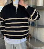 Taooba-5402 KNITTED BLACK STRIPED HALF-ZIP TURTLENECK SWEATER