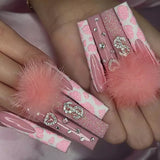 Taooba Christmas nail 24Pcs Long Ballet False Nails with Bow Designs Pink Coffin Press on Nails Wearable French Fake Nail Full Cover Manicure Tips