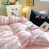 Taooba Christmas Gift Korean Bedding Set INS Girls Striped  Soft Washed Cotton Bed Sheet Set Queen King Size Comforter Set Pillowcase Bed Linens