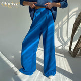 Taooba Christmas Gift outfit  Blue Office Women'S Pants 2021 Fashion Loose Full Length Ladies Trousers Casual High Waist Wide Pants For Women