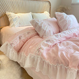 Taooba Christmas Gift Pink Korean Princess Style Lace Ruffles Wedding Bedding Set Seersucker Washed Cotton Soft Duvet Cover Set Bed Sheet Pillowcases