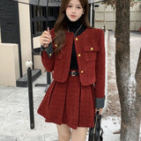 Taooba  party look inspos Autumn Winter New Red Tweed Two-piece Skirt Set Women Short Jacket Coat Pleated Mini Skirt Korean Fashion Chic Female Outfits