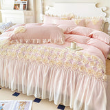 Taooba Christmas Gift 3Pcs Pink Skin-friendly Soft Three-dimensional Flowers Embroidery Lace Ruffles Princess Bedding Set Duvet Cover With Pillowcases