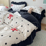 Taooba Korean version the butterfly knot towel embroidered quilt cover washed cotton black lace four-piece bedding set girly student