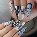 Taooba Punk Cool Style Black Flame Love Heart Press on Nails Butterfly Star Long Pointed False Nails Art Fake Nails Charms Y2K Manicure