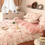 Taooba-100% Cottom queen bedding set Romantic printed rose ruffle pink bedding set princess home textile linen bed sheet set twin size