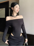 Taooba  party look inspos Sexy Slash Neck Hollow Out Party Dress Women Long Sleeve Spring Autumn Black Elegant Midi Dresses Chic Fashion Female Vestidos