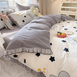 Taooba-Lovely Princess Flower Print Ruffles Bedding Set 100% Cotton Cute Girls Duvet Cover Set with Bed Sheet Kawaii Bedding Sets Soft