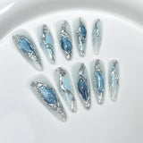 Taooba Christmas Nail  10pcs Hot Girl Ocean Blue Cat Eye Handmade False Nails Long Almond Metal Liquid Design Fake Nail Tips Detachable Press On Nails