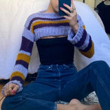 Taooba Christmas Gift outfit  Y2K Knitted Long Sleeve Pullovers Crop Tops Striped Crochet See Through Sweaters Harajuku Vintage Streetwear Jumpers