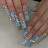 Taooba Christmas Nail  24Pcs Blue Butterfly False Nails Long Ballet with French Design Wearable Fake Nails Glitter Full Cover Press on Nails Tips Art