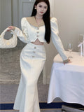 Taooba  party look inspos Elegant Two Piece Set Women Long Sleeves Short Coat + High Waist Mermaid Skirt Autumn Winter Solid Korean Style Patchwork Outfit