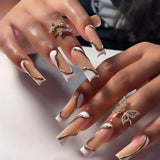 Taooba Christmas Nail  24Pcs 3D Long Ballet False Nails White Coffin Wave with French Design Wearable Fake Nails Gold Line Full Cover Press on Nails