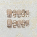 Taooba Christmas nail 10pcs Nude Cat Eye Handmade False Nails Short French Ballet Ribbon Pearl Design Fake Nail Full Cover Press On Acrylic Nail Tips