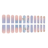 Taooba 24 coffin-shaped blue French butterfly small flower dots diamond glossy false nails suitable for daily use (1 jelly gel+1 rubbin