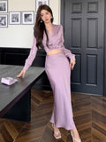 Taooba  party look inspos Autumn Korean Solid 2 Pieces Set Women Elegant V-Neck Long Sleeve Pleated Shirt Tops and High Waist A-Line Mermaid Skirt Suits