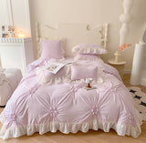 Taooba Chiffon Lace Princess Bedding Set Queen Size Pink Hand-made Pleat Pearl Ruffles Duvet Cover Bedclothes Sheet Pillowcases