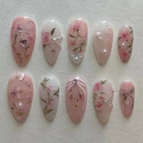 Taooba Christmas nail 24Pcs Short Round Head Pink Fake Nails with Rose Flowers leaf Pattern Wearable Almond False Nail Full Cover Press on Nails Tips