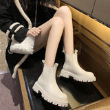 Taooba 1980s fashion trends Autumn and Winter Fashion Martin Boots Women's British Style Thick Heel Season round Toe Thick Bottom Fashion Cigarette Holder Fleece-lined Short Boots