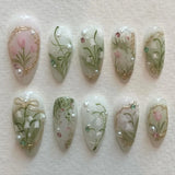 Taooba Christmas Nail  24Pcs Flora Almond Press on Nails with Glue Mori Girl Nail Art Ballet Rural Style Full Cover Wearable Acrylic Nail Manicure Tips