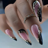 Taooba Christmas nail 24Pcs Pink Almond False Nails Shiny Golden Ripples Stiletto Fake Nails Detachable Oval Full Cover Press on Nails Tips Manicure