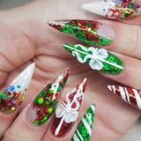 Taooba Christmas nail 24Pcs False Nails Spicy Girl Silver Bow with Diamond Fake Nails with Glue Almond Press on Nails Black Cool Y2k Almond Nail Set