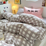 Taooba Christmas Gift Korean Bedding Set INS Girls Striped  Soft Washed Cotton Bed Sheet Set Queen King Size Comforter Set Pillowcase Bed Linens