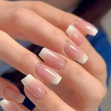 Taooba Christmas nail 24Pcs White Gradient False Nails Ombre Short with French Design Rhinestone Wearable Fake NailsFull Cover Press on Nail Tips Art