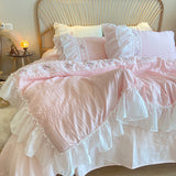 Taooba Christmas Gift Pink Korean Princess Style Lace Ruffles Wedding Bedding Set Seersucker Washed Cotton Soft Duvet Cover Set Bed Sheet Pillowcases