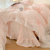 Taooba Chiffon Lace Princess Bedding Set Queen Size Pink Hand-made Pleat Pearl Ruffles Duvet Cover Bedclothes Sheet Pillowcases