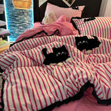 Taooba Christmas Gift Korean Style Bedding Set Green Strip Black Cat Embroidery Washed Cotton  Duvet Cover Cute Cardboard  Bed linen Comforter Sets